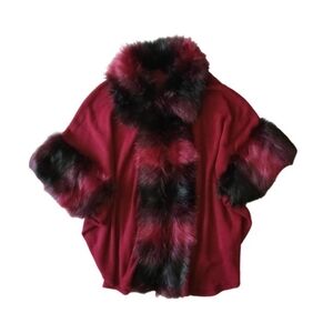 Red and Black One Size Acrylic Faux Fur Trim Shawl Poncho Cape Sweater Jacket